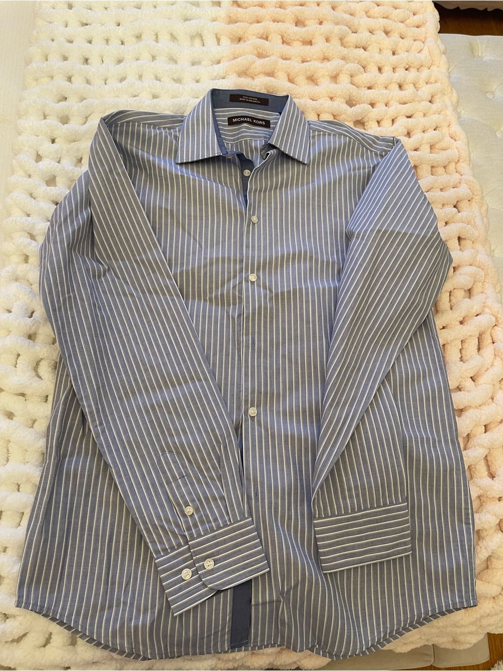 Michael Kors Men's Blue and White Striped Dress Shirt